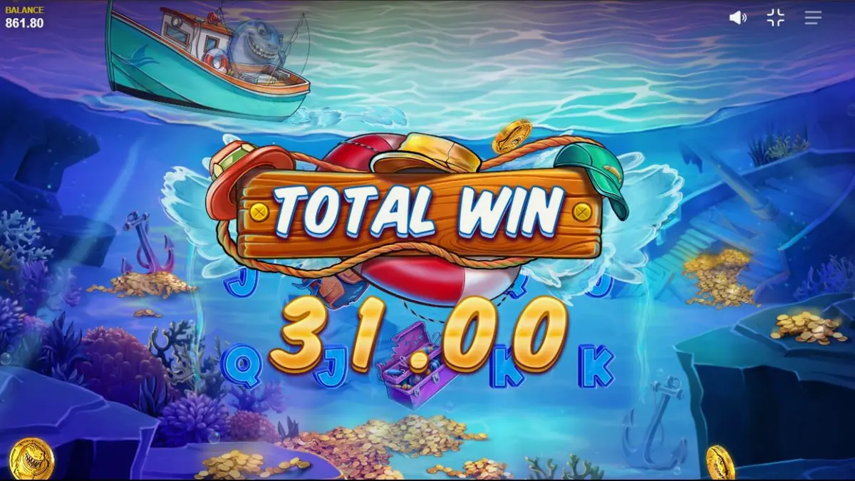 Shark Boss slot game interface featuring a shark in a boat