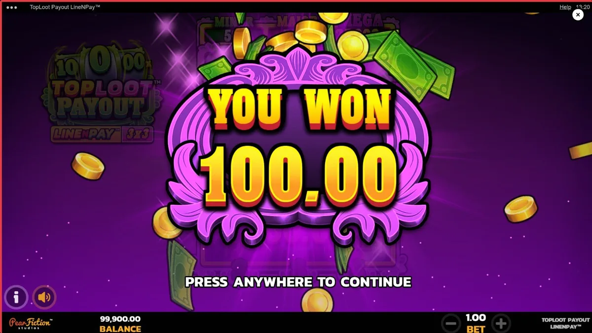 Tampilan visual slot TopLoot Payout LineNPay dengan tema brankas harta karun neon
